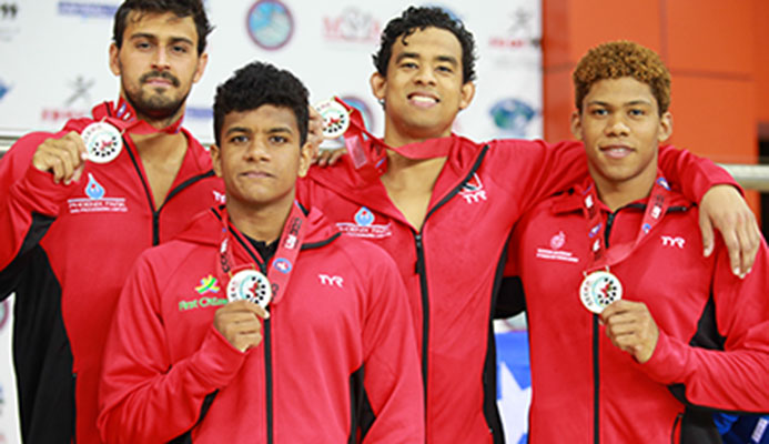Members of T&T's Gold medal winningBoys 18+ 400m Freestyle Relay team, Dylan Carter, Tariq Lashley, Joshua Romany and Jabari Baptiste, during day 3 of the XXX CCCAN Swimming Championships 2017, at the National Aquatic Centre, Couva. Members of T&T's Gold medal winningBoys 18+ 400m Freestyle Relay team, Dylan Carter, Tariq Lashley, Joshua Romany and Jabari Baptiste, during day 3 of the XXX CCCAN Swimming Championships 2017, at the National Aquatic Centre, Couva.