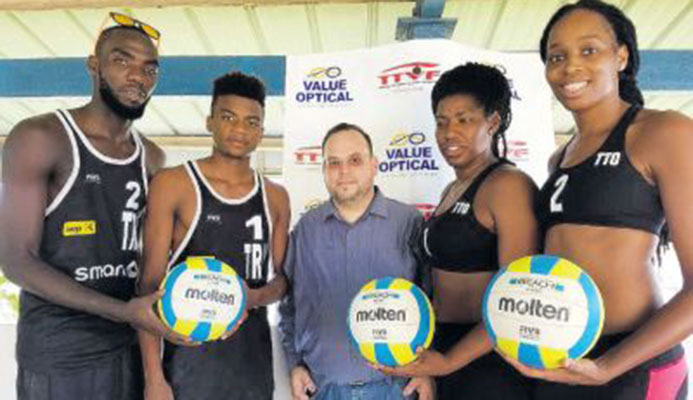 From left to right: T&T Men’s volleyballers Daneil Williams and Daynte Stewart; Danny Jones, Value Optical Marketing & PR Manager; and T&T women’s volleyballers Rheeza Grant and Abby Blackman at the launch of the TTVF partnership with Value Optical. From left to right: T&T Men’s volleyballers Daneil Williams and Daynte Stewart; Danny Jones, Value Optical Marketing & PR Manager; and T&T women’s volleyballers Rheeza Grant and Abby Blackman at the launch of the TTVF partnership with Value Optical.