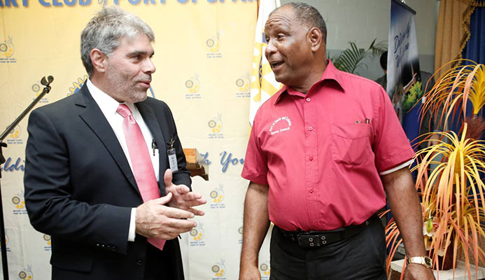 Rotary Club of Port-of-Spain president Alain Laquis, left, chats with Port-of- Spain Sports Council coordinator Kelvin Nancoo during the launch of the Port-of-Spain Rotary Club Games at Goodwill Industries, Fitz Blackman Drive, Wrightson Road, on Tuesday. PICTURE NICOLE DRAYTON Rotary Club of Port-of-Spain president Alain Laquis, left, chats with Port-of- Spain Sports Council coordinator Kelvin Nancoo during the launch of the Port-of-Spain Rotary Club Games at Goodwill Industries, Fitz Blackman Drive, Wrightson Road, on Tuesday. PICTURE NICOLE DRAYTON