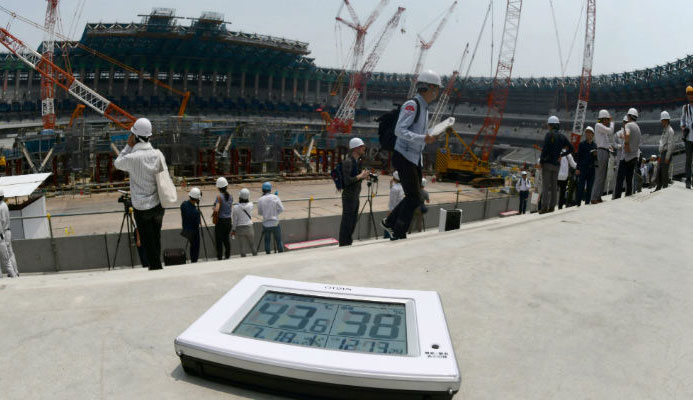 This photo taken on July 18, 2018 shows an electronic thermometer showing the temperature exceeding 40 degrees Centigrade (104 F) during a media tour at the construction site for the new National Stadium, venue for the upcoming Tokyo 2020 Olympic Games, in Tokyo. Photo: AFP  This photo taken on July 18, 2018 shows an electronic thermometer showing the temperature exceeding 40 degrees Centigrade (104 F) during a media tour at the construction site for the new National Stadium, venue for the upcoming Tokyo 2020 Olympic Games, in Tokyo. Photo: AFP