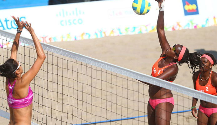 TT’s Ayanna Dyette, second from right, competes at the 2015 Pan Am Games alongside partner Malika Davidson, right, against Mexico in Toronto, Canada. TT’s Ayanna Dyette, second from right, competes at the 2015 Pan Am Games alongside partner Malika Davidson, right, against Mexico in Toronto, Canada.