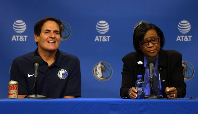 DALLAS, TEXAS – FEBRUARY 26: Mark Cuban and Cynthia Marshall look on during a press conference to introduce Cynthia Marshall as the new Dallas Mavericks Interim CEO at American Airlines Center on February 26, 2018 in Dallas, Texas. (Photo by Omar Vega/Getty Images) DALLAS, TEXAS – FEBRUARY 26: Mark Cuban and Cynthia Marshall look on during a press conference to introduce Cynthia Marshall as the new Dallas Mavericks Interim CEO at American Airlines Center on February 26, 2018 in Dallas, Texas. (Photo by Omar Vega/Getty Images)