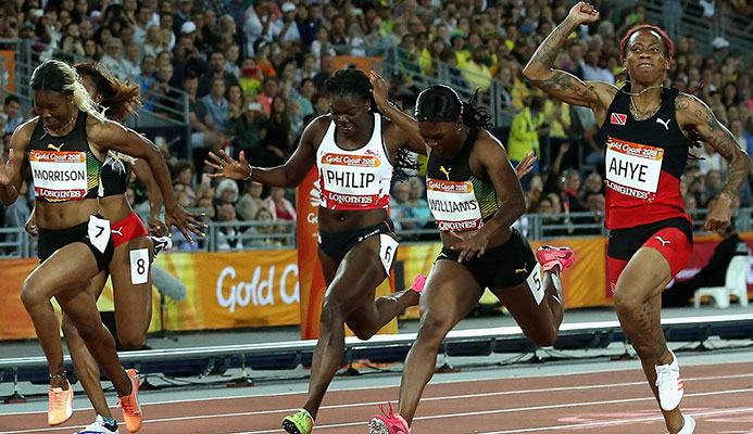Michelle-Lee Ahye of Trinidad and Tobago celebrates as she wins gold ahead of Christania Williams of Jamaica and Asha Philip of England. Photo: Getty. Michelle-Lee Ahye of Trinidad and Tobago celebrates as she wins gold ahead of Christania Williams of Jamaica and Asha Philip of England. Photo: Getty.