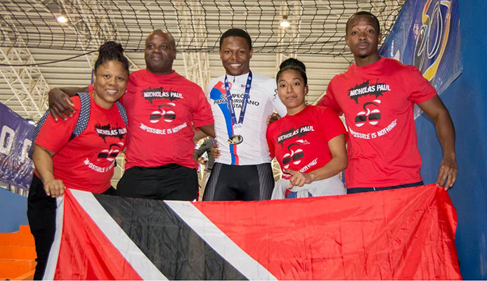 Family and friends of Nicholas Paul, centre, celebrate his gold medal performance in the Men's Sprint event at the Cochabamba Veldrome in Bolivia on Saturday night. (Photo courtesy Bolivia's Ministry of Sport) Family and friends of Nicholas Paul, centre, celebrate his gold medal performance in the Men's Sprint event at the Cochabamba Veldrome in Bolivia on Saturday night. (Photo courtesy Bolivia's Ministry of Sport)