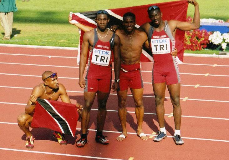 FLASHBACK: Jacey Harper, left, Darrel Brown, Ato Boldon and Marc Burns celebrate Trinidad and Tobago's men's 4x100 metres podium finish at the 2001 IAAF World Championships in Edmonton, Canada. FLASHBACK: Jacey Harper, left, Darrel Brown, Ato Boldon and Marc Burns celebrate Trinidad and Tobago's men's 4x100 metres podium finish at the 2001 IAAF World Championships in Edmonton, Canada.
