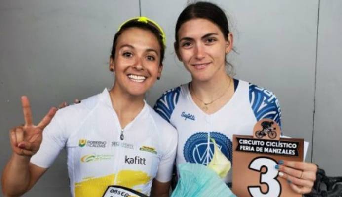 TT's Alexi Costa, right, celebrates her third place finish at the Feria de Manizales Cycling Circuit in Colombia on Monday. At left is gold medallist, Diana Carolina, of Colombia. - Photo courtesy Alexi Costa TT's Alexi Costa, right, celebrates her third place finish at the Feria de Manizales Cycling Circuit in Colombia on Monday. At left is gold medallist, Diana Carolina, of Colombia. - Photo courtesy Alexi Costa