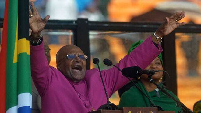 South African Archbishop and Honorary Elders Desmond Tutu speaks during the memorial service of South African former president Nelson Mandela at the FNB Stadium (Soccer City) in Johannesburg on December 10, 2013. Mandela, the revered icon of the anti-apartheid struggle in South African and one of the towering political figures of the 20th century, died in Johannesburg on December 5 at the age of 95. Alexander Joe, AFP/Getty Images South African Archbishop and Honorary Elders Desmond Tutu speaks during the memorial service of South African former president Nelson Mandela at the FNB Stadium (Soccer City) in Johannesburg on December 10, 2013. Mandela, the revered icon of the anti-apartheid struggle in South African and one of the towering political figures of the 20th century, died in Johannesburg on December 5 at the age of 95. Alexander Joe, AFP/Getty Images