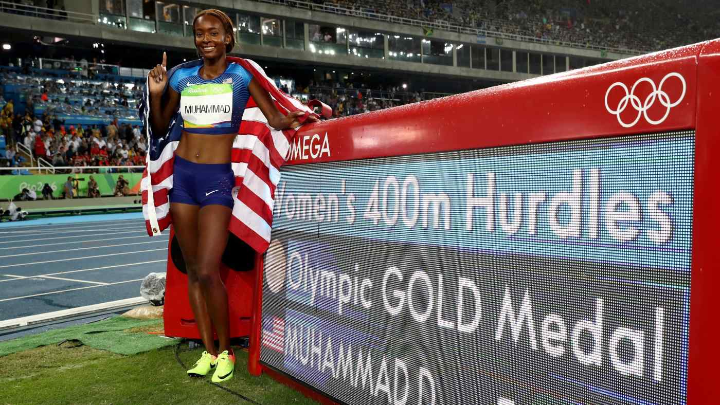 Dalilah Muhammad of the U.S. celebrates her gold medal in the women's 400m hurdles at the Rio 2016 Olympic Games on Aug. 18, 2016, in Rio de Janeiro.   © Getty Images Dalilah Muhammad of the U.S. celebrates her gold medal in the women's 400m hurdles at the Rio 2016 Olympic Games on Aug. 18, 2016, in Rio de Janeiro.   © Getty Images