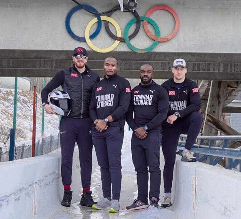 Trinidad and Tobago men's bobsleigh team (L-R) Axel Brown, Andre Marcano,Mikel Thomas and Tom Harris. - Photo via TT Olympic Committee Trinidad and Tobago men's bobsleigh team (L-R) Axel Brown, Andre Marcano,Mikel Thomas and Tom Harris. - Photo via TT Olympic Committee