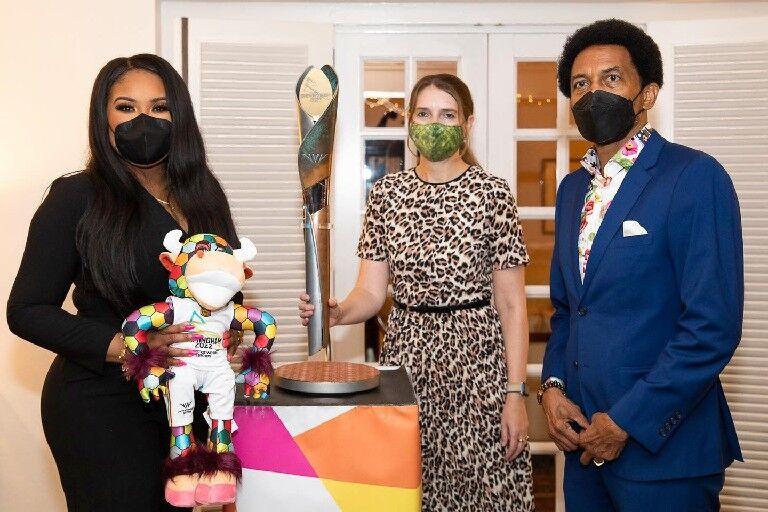 TORCH IN TOWN: British High Commissioner Harriet Cross, centre, hosted a welcome reception to celebrate the arrival of the Queen’s Baton. At left is Minister of Sport Shamfa Cudjoe and T&T Commonwealth Games Association president Brian Lewis.  —Photo courtesy UK in Trinidad and Tobago High commission facebook page TORCH IN TOWN: British High Commissioner Harriet Cross, centre, hosted a welcome reception to celebrate the arrival of the Queen’s Baton. At left is Minister of Sport Shamfa Cudjoe and T&T Commonwealth Games Association president Brian Lewis.  —Photo courtesy UK in Trinidad and Tobago High commission facebook page