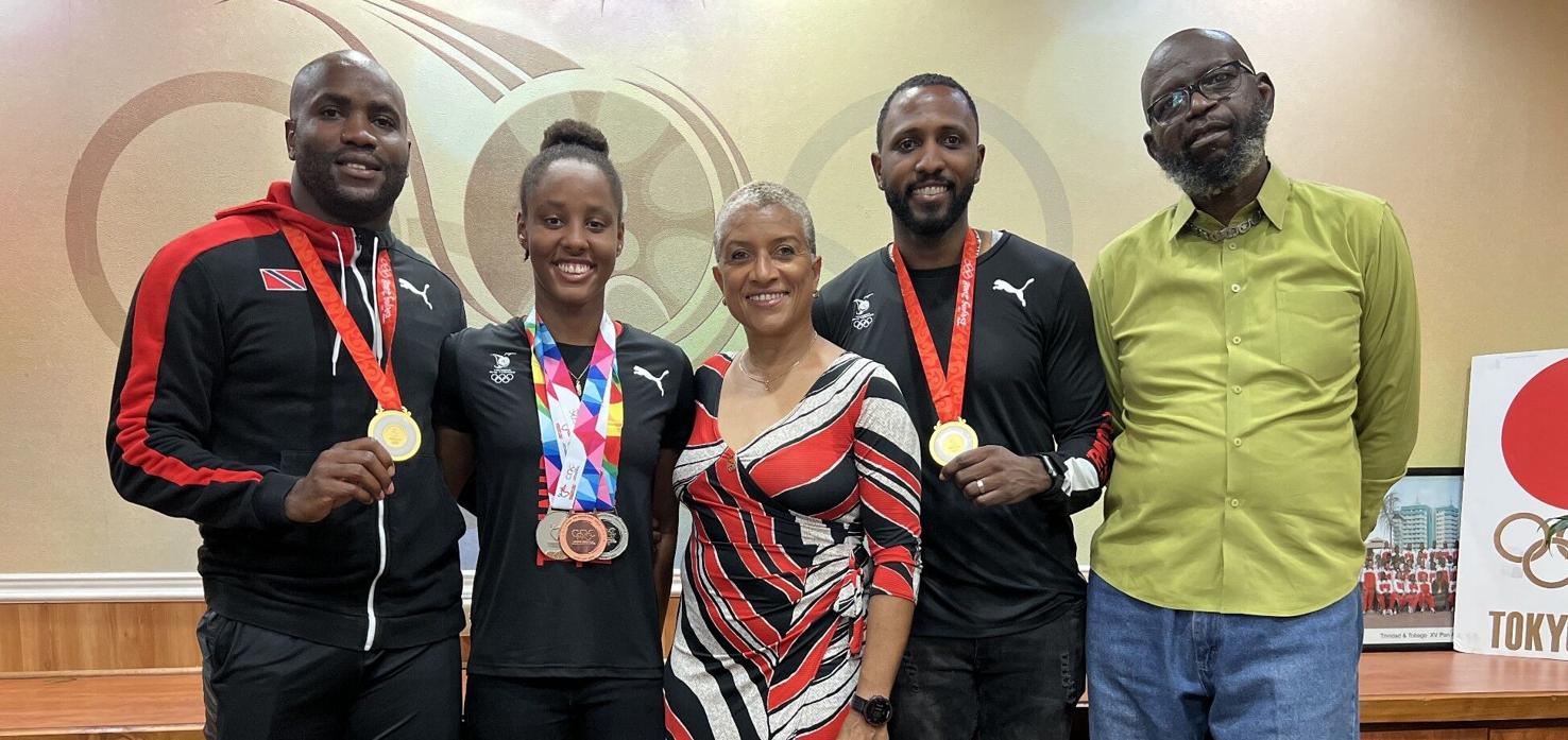 RECOGNITION TIME: From left are Emmanuel Callender (Olympic gold medallist), Jamiah Harley (national swimmer), Diane Henderson (Trinidad and Tobago Olympic Committee president), Richard Thompson  @Caption:(Olympic gold medallist) and the father of national swimmer Aqell Joseph, following a virtual press conference yesterday to announce the TTOC’s latest medal bonus recipients. RECOGNITION TIME: From left are Emmanuel Callender (Olympic gold medallist), Jamiah Harley (national swimmer), Diane Henderson (Trinidad and Tobago Olympic Committee president), Richard Thompson  @Caption:(Olympic gold medallist) and the father of national swimmer Aqell Joseph, following a virtual press conference yesterday to announce the TTOC’s latest medal bonus recipients.