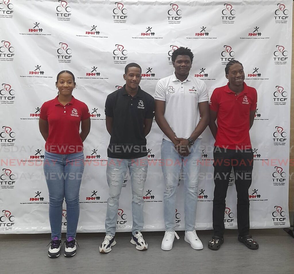 From L-R: Team TTO cyclists Alexia Wilson, Kyle Caraby, Dannel James and Tariq Woods attend the launch of the TT Cycling Federation's Easter Grand Prix at the National Cycling Centre, Couva on Monday. - Roneil Walcott (Image obtained at newsday.co.tt) From L-R: Team TTO cyclists Alexia Wilson, Kyle Caraby, Dannel James and Tariq Woods attend the launch of the TT Cycling Federation's Easter Grand Prix at the National Cycling Centre, Couva on Monday. - Roneil Walcott (Image obtained at newsday.co.tt)