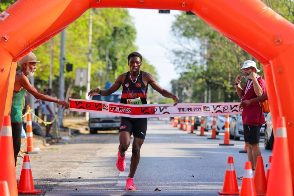 In this March 23, 2023 file photo, Omare Thompson finishes first in the TTIM 5K overall male event at the Queen’s Park Savannah in Port of Spain. - Photo by Daniel Prentice (Image obtained at newsday.co.tt)