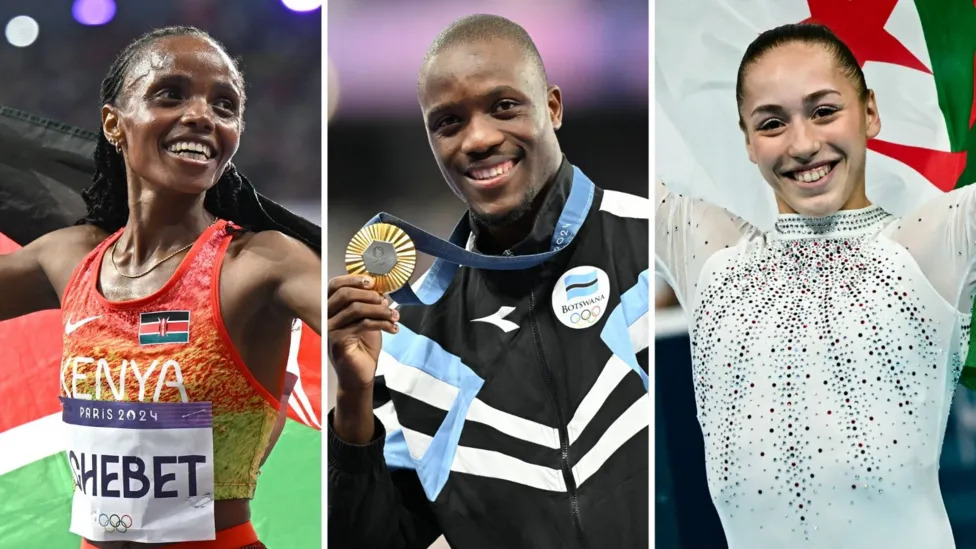 Kenyan long-distance runner Beatrice Chebet, Botswanan sprinter Letsile Tebogo and Algerian gymnast Kaylia Nemour all won gold at Paris 2024 (Image obtained at bbc.com) Kenyan long-distance runner Beatrice Chebet, Botswanan sprinter Letsile Tebogo and Algerian gymnast Kaylia Nemour all won gold at Paris 2024 (Image obtained at bbc.com)