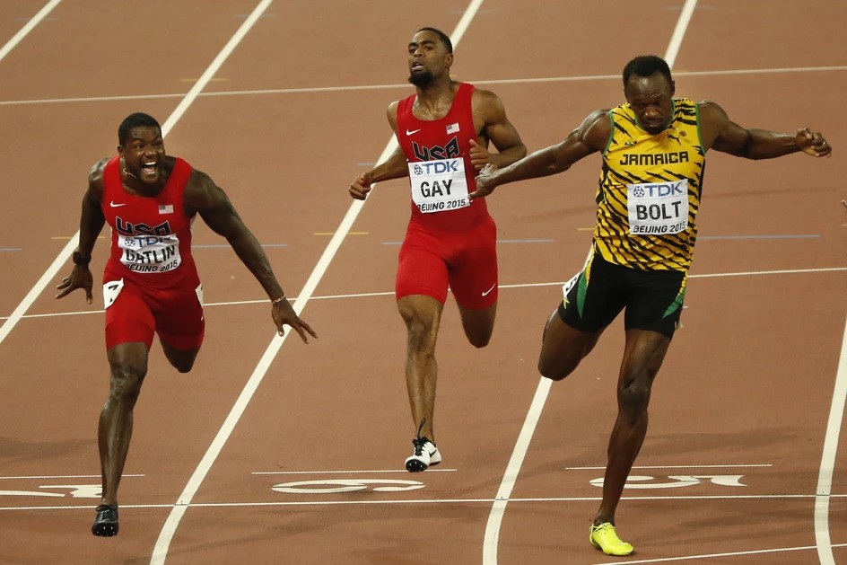 United States’ silver medal winner Justin Gatlin, United States’ Tyson Gay and Jamaica’s gold medal winner Usain Bolt, from left, cross the line in the men’s 100m final during the World Athletics Championships at the Bird’s Nest stadium in Beijing, Aug. 23, 2015. (AP Photo/Mark Schiefelbein) (Image obtained at tt.loopnews.com) United States’ silver medal winner Justin Gatlin, United States’ Tyson Gay and Jamaica’s gold medal winner Usain Bolt, from left, cross the line in the men’s 100m final during the World Athletics Championships at the Bird’s Nest stadium in Beijing, Aug. 23, 2015. (AP Photo/Mark Schiefelbein) (Image obtained at tt.loopnews.com)
