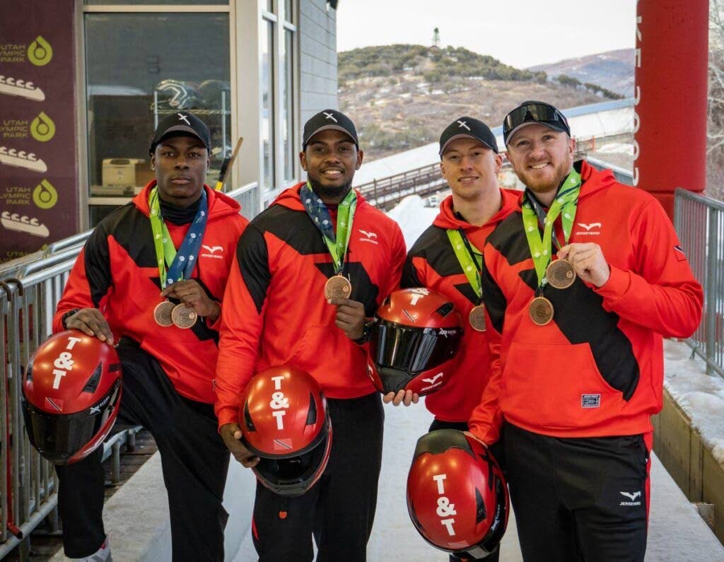 TT's bobsleigh team of Axel Brown, De Aundre John, Shakeel John and Xaverri Williams. - (Image obtained at newsday.co.tt) TT's bobsleigh team of Axel Brown, De Aundre John, Shakeel John and Xaverri Williams. - (Image obtained at newsday.co.tt)