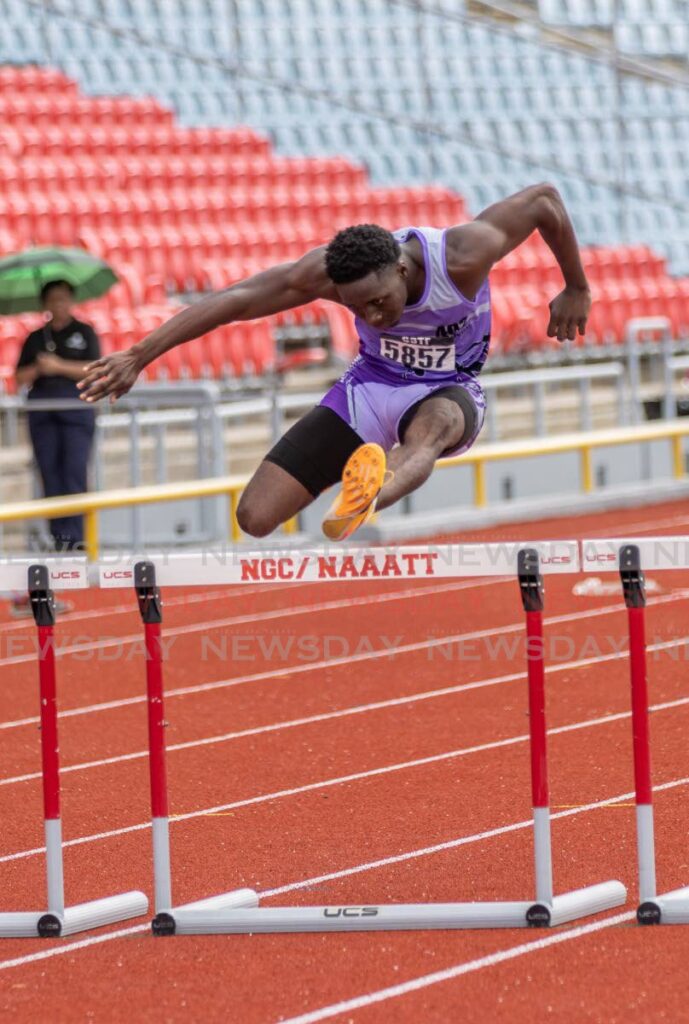 In this file photo, Roxborough Secondary School’s Darius Moore competes in the boys’ 17+ 400m hurdles, on the final day of the Secondary Schools Track and Field Champs, on June 17, at the Hasely Crawford Stadium, Port of Spain. - File Photo (Image obtained at newsday.co.tt)