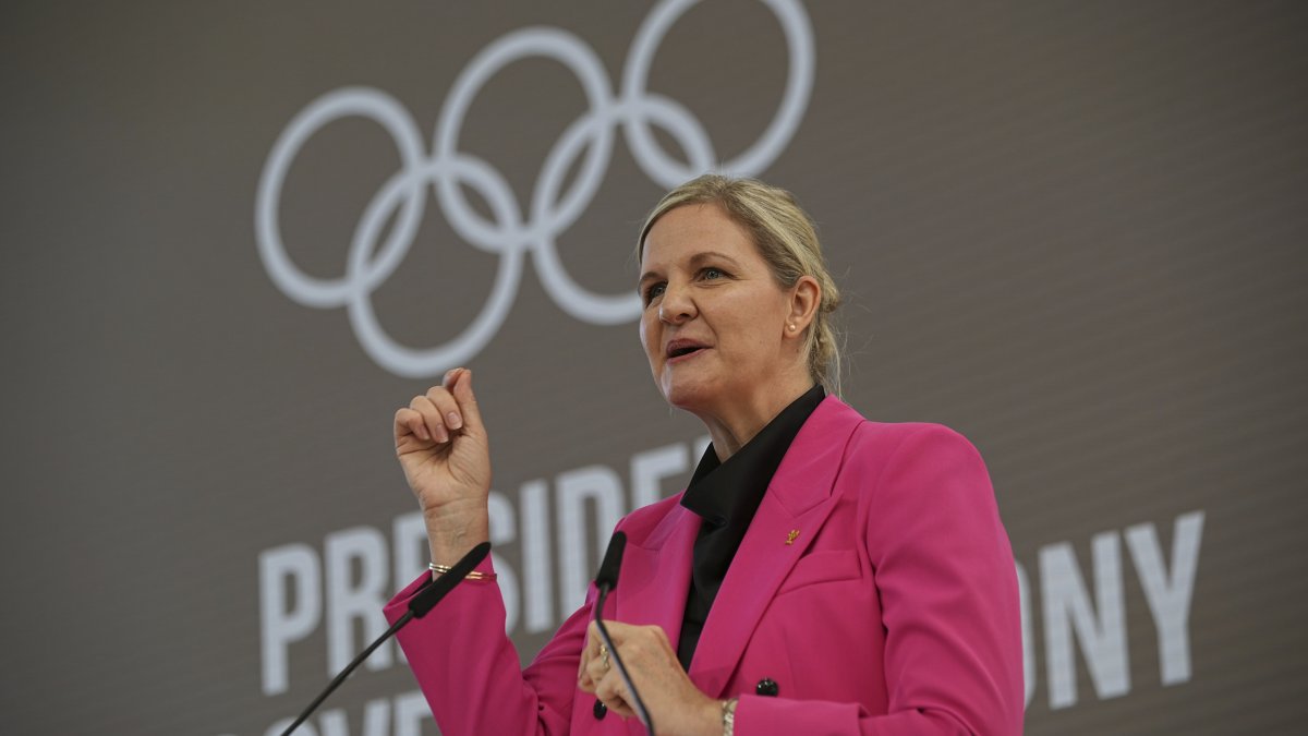 IOC President Kirsty Coventry speaks during the handover ceremony of the IOC Presidency at Olympic House, Lausanne, Switzerland, June 23, 2025. (AP Photo) (Image obtained at dailysabah.com) IOC President Kirsty Coventry speaks during the handover ceremony of the IOC Presidency at Olympic House, Lausanne, Switzerland, June 23, 2025. (AP Photo) (Image obtained at dailysabah.com)