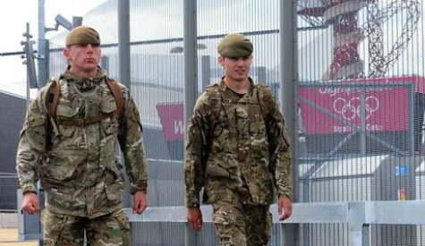 Army at Olympic Park London 2012 by security fence
