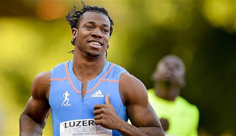 Looking good: Yohan Blake crosses the line in Lucerne to win the 100m and record his third fastest time this year just weeks from the London 2012 Olympics Photo: Fabrice Coffrini/AFP