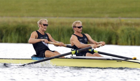 New Zealand's Eric Murray (back) and Hamish Bond of New Zealand compete in the London 2012 men's pair final event which they went on to win
