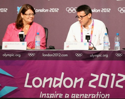 Jackie Brock-Doyle and London 2012 chairman Sebastian Coe give a press conference at the Main Press Centre