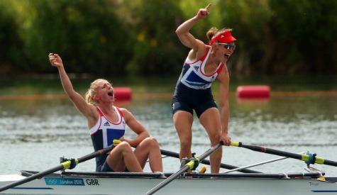 Katherine Copeland (left) and Sophie Hosking celebrate winning gold in the London 2012 lightweight women's double sculls final